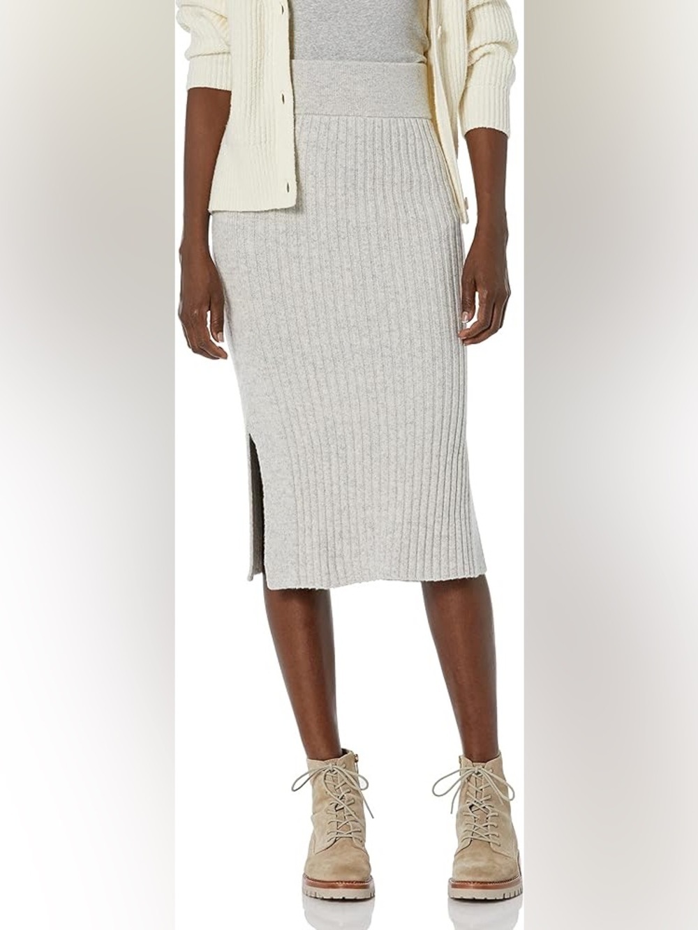 Club Monaco Light Gray Knit Ribbed Midi Skirt with Side Slit Small